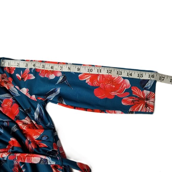 Bon Rosy Teal Floral Maxi Wrap Dress Medium Stretch Belted Boho 3/4 Sleeve - Picture 9 of 10